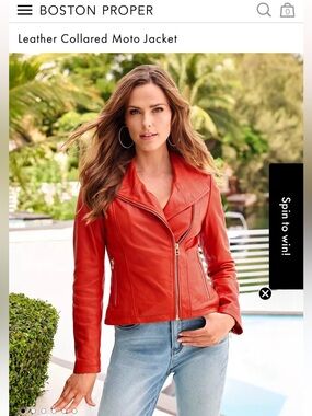 Boston Proper Orange-Red Leather Collared Moto Jacket